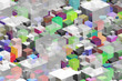 © Intraligi - 3D cube landscape in grey color mood and mixed in colors in neon shades, with depth and transparency, overlapping shapes, creating an intriguing abstract urban environment.