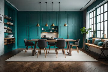 Luxury modern and vintage turquoise interior. Marble kitchen island with wooden chockers.