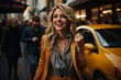 Happy woman greets friends, selective focus. AI generated, human enhanced