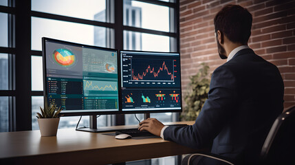An analyst uses a computer and dashboard for data business analysis and Data Management System with KPI and metrics connected to the database for technology finance; operations; sales; marketing
