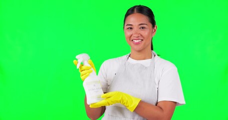 Wall Mural - Face, green screen and Asian woman cleaning, disinfection and happy against a studio background. Portrait, female person and housekeeper with a bottle, domestic and mockup with hygiene and detergent