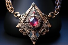 Close - Up Shot, An Intricately Detailed Magical Amulet, Rich Jewel Tones. Generative AI