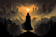 silhouette of a cloaked figure standing before a misty city skyline; created using generative AI