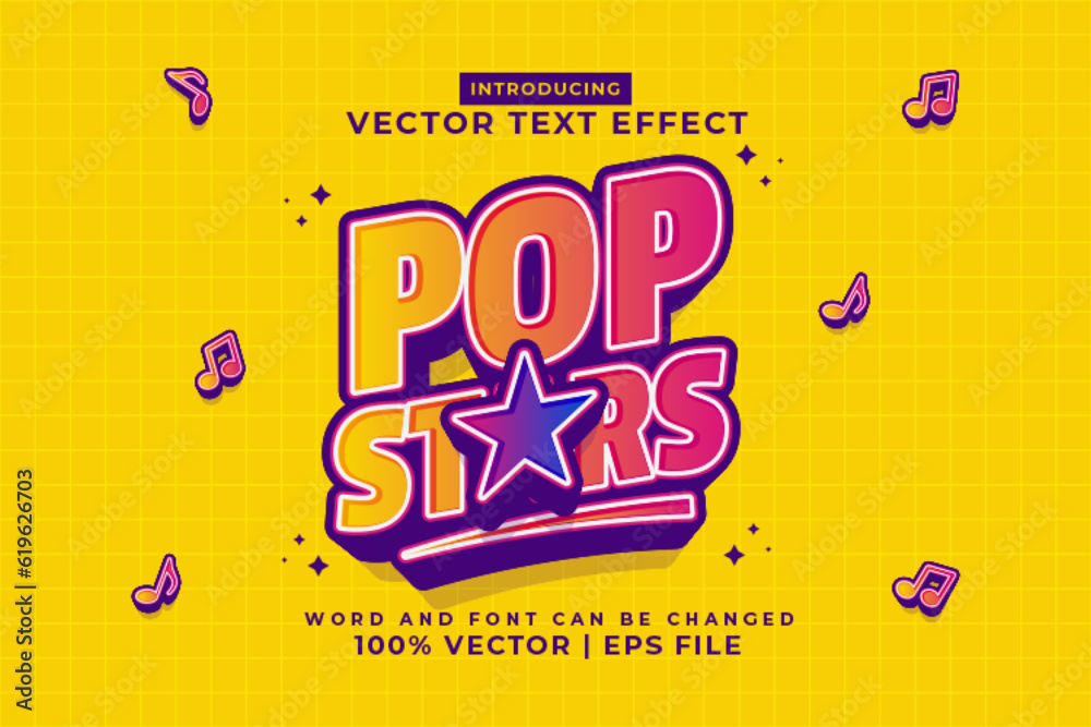 Editable text effect Pop Stars 3d Cartoon template style premium vector