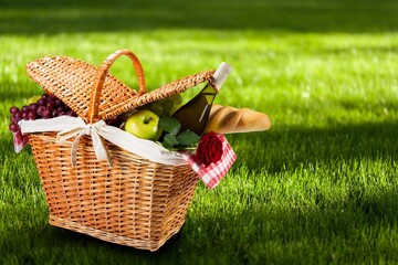 Wall Mural - Checkered picnic basket on the green meadow.