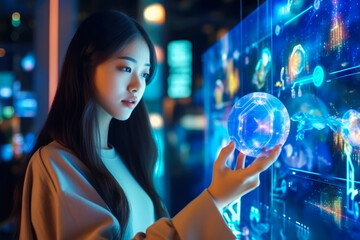 Young Asian woman wondering of new technology, curiosity, looking at holographic digital display, generative ai