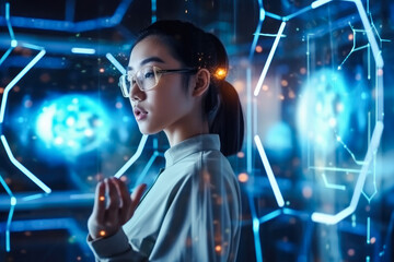 young asian woman wondering of new technology, curiosity, looking at holographic digital display, ge