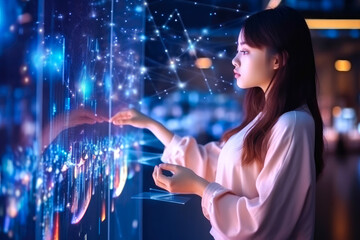young asian woman wondering of new technology, curiosity, looking at holographic digital display, ge