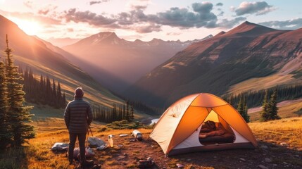 camper cooking over a fire in the rugged landscapes of the Rocky Mountains generative ai