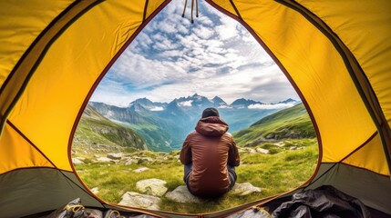 Wall Mural - hiker resting in a tent in the stunning landscapes of the swiss alps generative ai