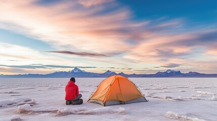 Wall Mural - hiker resting in a tent in the stunning landscapes of the swiss alps generative ai