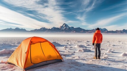 Wall Mural - hiker resting in a tent in the stunning landscapes of the swiss alps generative ai