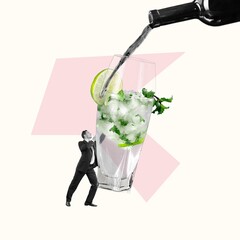 Poster - Contemporary collage. Person holding alcohol in glass