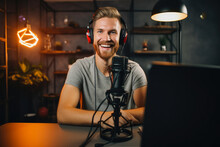 Male Influencer Or Content Creator Recording A Video Podcast Or YouTube Video. Speaking Into Camera, Illustrating The Spontaneity And Authenticity Of Contemporary Digital Communication, Generative Ai