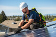 © MVProductions - Solar power consultant expert on a roof installing solar panels. Switch to Green Energy, generative ai