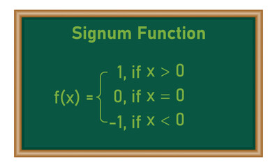 Poster - Signum function formula domain and range. Mathematics resources for teachers and students. Vector illustration isolated on chalkboard.