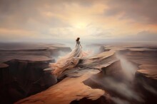 Whispers Of The Wind:  The Wind Carries A Sense Of Liberation And Inspiration, Standing On The Precipice Of A Majestic Cliff, A Solitary Figure Is Embraced By The Gentle Caress Of The Wind.