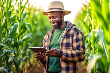 Modern farmer in a middle of corn field using digital tablet to review harvest and crop performance, ESG concept and application of technology in contemporary agriculture practices, generative ai