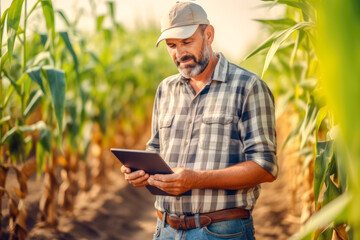 Modern farmer in a middle of corn field using digital tablet to review harvest and crop performance, ESG concept and application of technology in contemporary agriculture practices, generative ai