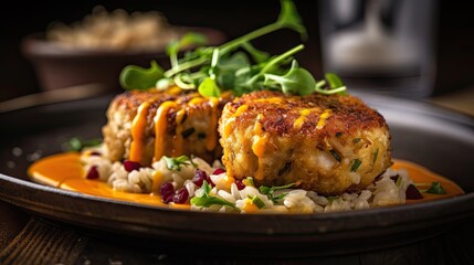 Canvas Print - Maryland Crab cakes with chopped greens on a wooden plate with a blurred background