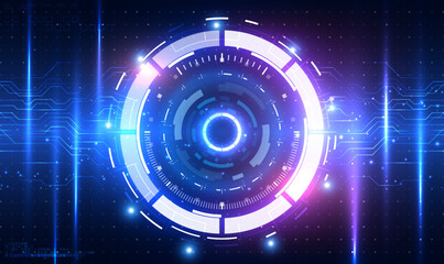 Poster - Futuristic Sci-Fi glowing HUD frame. Hologram hi-tech background. Digital Ai big data technology. Virtual reality technology innovation. Digital HUD GUI UI. Neon effect on circuit board. Vector EPS10.