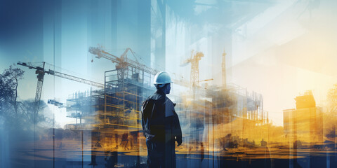 Wall Mural - Future building construction engineering project devotion with double exposure graphic design. Building engineer, architect people or construction worker working with modern civil equipment technology