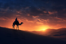 Camels In The Arabian Desert In Sunset, Create Using Generative AI Tools