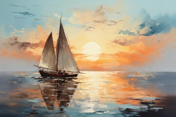 oil painting on canvas of a sailboat at sunset on the sea