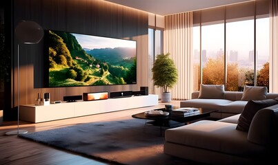 Wall Mural - Big Tv In A Living Room. Elegant living room with big tv screen. Generative AI