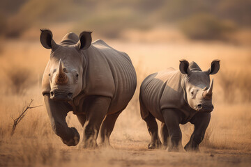 Wall Mural - Rhinoceros mother and its offspring are leisurely walking across the expansive savanna, generative AI