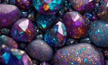 Gemstones On A Black, Colorful And Magical Stones Background, Generative Ai