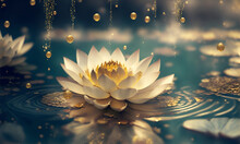 Water Lily In The Pond, White Lotus In A Golden Magic Pond, Generative Ai