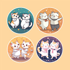 Cute couple of cats dancing together, round sticker set, vector illustration