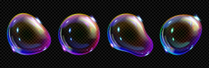 Poster - 3d iridescent fluid glass spectrum foam vector. realistic transparent soap bubble with dreamy neon r