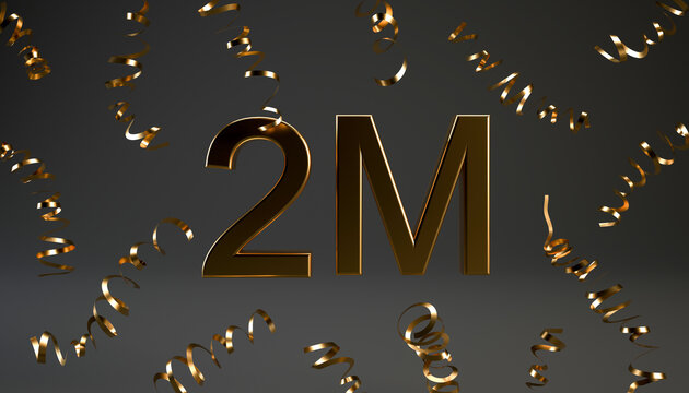 Golden 2M followers symbol with confetti for celebration 3d rendering. 
