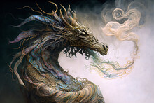 Fantasy Evil Dragon Portrait. Surreal Artwork Of Danger Dragon From Medieval Mythology