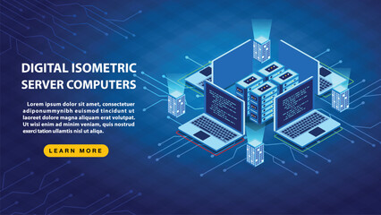 Digital isometric server computers on blue background, Artificial intelligence isometric abstract banner, Neural network, Vector.