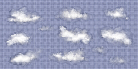 Poster - Transparent vector white cloud sky realistic set. Fog smoke png texture isolated design. Abstract cloudy air effect with day light icon collection. 3d beautiful nature atmosphere vapor smoky steam