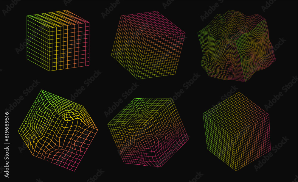Stock-Vektorgrafik „Set gradient neon cube shape stickers with ...