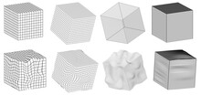 Set Cube Shape Stickers With Different Linear Form Inspired By Brutalism, Cyberpunk Collection Strange Wireframes Vector 3d Geometric Shapes, Distortion And Transformation Of Figure, Design Elements