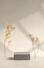Poster - Minimal stone stage product display with sunlight from window and dry flower on cream color background