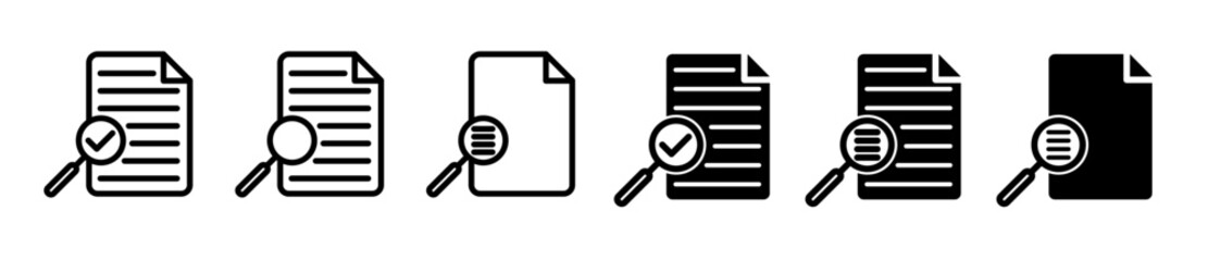 Search result line icon set. Online research analysis and financial statement overview vector symbols. Data optimization sign. Online review verification document icon. Audit icon. case study symbol