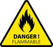 Danger flammable substances. Fire warning sign in yellow triangle. Flammable materials warning sign isolated vector 