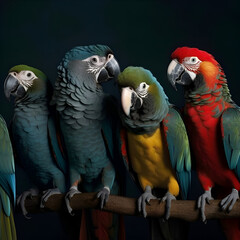 Wall Mural - Beautiful colorful macaw parrots isolated on dark background. closeup