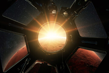 Wall Mural - New spaceship flies up to the red planet Mars at an amazing sunset, the view from the cabin porthole window. ISS is flying in space, exploring space for new planets. Creative idea, space wallpaper