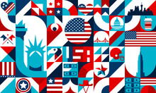 Abstract Geometric USA Shapes, Bauhaus Pattern Of American Travel Landmarks. Vector Background Of Simple Geometric Figures, Stars And Stripes Flag, Statue Of Liberty, Bridge, Eagle And Cowboy Hat