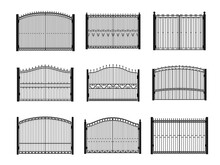 Iron Gates, Metal Fences And Steel Wrought Doors, Vector Entrance Borders. Old Ornate Garden Park Architecture Gates With Forged Rail Pattern, Metal Fence With Lattice, Doorway With Spike Bars