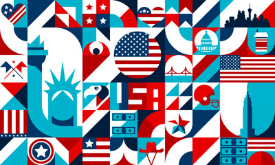abstract geometric usa shapes, bauhaus pattern of american travel landmarks. vector background of si