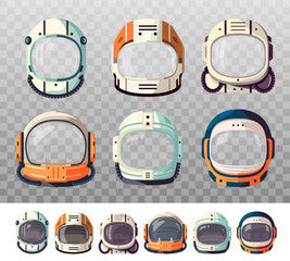 photo booth, kids astronaut space helmets. cute vector masks and helmets of spaceman spacesuit, spac