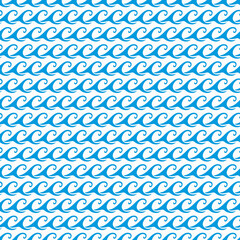 Poster - Sea and ocean curly blue waves seamless pattern. Textile summer pattern, fabric nautical vector print or wrapping paper maritime wavy backdrop. Wallpaper aquatic seamless background with blue wave